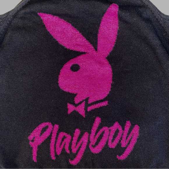 PLAYBOY Rare Vintage Y2K Women Black Purple Cutout Shoulder Small Knit Sweater - Picture 2 of 4
